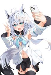 Rule 34 | 1girl, :d, absurdres, ahoge, animal ear piercing, animal ears, aqua eyes, arm up, armpits, black shorts, black thighhighs, blue neckerchief, blush, braid, breasts, breasts apart, cellphone, commentary request, detached sleeves, fang, fox ears, fox girl, fox tail, front slit, hair between eyes, highres, holding, holding phone, hololive, hood, hooded vest, hoodie, jin kemi, long hair, looking at viewer, medium breasts, midriff peek, navel, neckerchief, no bra, open mouth, pentagram, phone, selfie, shirakami fubuki, shirakami fubuki (1st costume), short shorts, shorts, side braid, sidelocks, simple background, single thighhigh, smartphone, smile, solo, strapless, tail, taking picture, thigh strap, thighhighs, v, very long hair, vest, virtual youtuber, white background, white hair, white sleeves, wide sleeves
