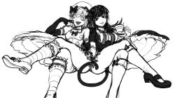 Rule 34 | 2girls, bow, breasts, cat tail, cup, elbow gloves, frederica bernkastel, frills, from below, gloves, holding hands, hat, highres, interlocked fingers, lambdadelta, long hair, looking at viewer, monochrome, multiple girls, open mouth, puffy short sleeves, puffy sleeves, short hair, short sleeves, small breasts, smile, tail, teacup, the golden smurf, thighs, umineko no naku koro ni
