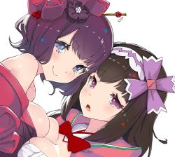 Rule 34 | 2girls, asarokuji, asymmetrical docking, bad id, bad twitter id, bare shoulders, blue eyes, bow, bowtie, breast press, breasts, brown hair, commentary request, dutch angle, fate/grand order, fate (series), hair ornament, hairband, hairpin, highres, japanese clothes, katsushika hokusai (fate), kimono, large breasts, long hair, looking at viewer, multiple girls, off-shoulder shirt, off shoulder, osakabehime (fate), parted bangs, purple eyes, purple hair, red kimono, red neckwear, shirt, short hair, simple background, smile, white background