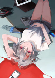 Rule 34 | 1girl, absurdres, arm up, blood, blood on face, blood on ground, blush, book, book stack, cellphone, dolphin shorts, dvd case, expressionless, grey hair, hand on own forehead, hand on own stomach, handheld game console, highres, injury, keyboard (computer), knees up, looking at viewer, lying, medium hair, nintendo switch, on back, open book, original, parted bangs, phone, pill, red eyes, shirt, short sleeves, shorts, smartphone, solo, t-shirt, tablet pc, teizen (niwamaee), thigh gap, twitter, youtube