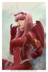 Rule 34 | 10s, 1girl, bodysuit, breasts, candy, castcuraga, commentary, darling in the franxx, english commentary, eyeshadow, food, green eyes, hairband, highres, holding, holding candy, holding food, holding lollipop, horns, instagram username, lollipop, long hair, looking at viewer, makeup, medium breasts, oni horns, open mouth, outstretched arm, pilot suit, pink hair, red bodysuit, red horns, signature, sitting, skin tight, solo, straight hair, twitter username, white hairband, zero two (darling in the franxx)