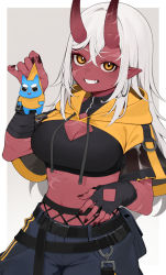 Rule 34 | 1girl, akumi (yoclesh), black gloves, black nails, black pants, breasts, brown eyes, cleavage, cleavage cutout, clothing cutout, colored skin, commentary, commission, crop top, e draw paint, english commentary, eyebrows hidden by hair, fingerless gloves, gloves, grey background, grey hair, grin, hair between eyes, highres, holding, hood, hood down, horns, long hair, looking at viewer, medium breasts, multicolored hair, nail polish, navel, oni, oni horns, pants, pointy ears, red skin, scar, scar on arm, scar on chest, scar on face, scar on stomach, short sleeves, shrug (clothing), single glove, smile, two-tone hair, very long hair, virtual youtuber, vyugen, white background, wide sleeves