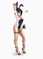 Rule 34 | 1girl, :|, adapted costume, alternate costume, anger vein, animal ears, anklet, arms up, artist name, black hair, black hairband, black leotard, black necktie, blush, breasts, brown eyes, closed mouth, commentary, earrings, english commentary, english text, fake animal ears, fake tail, feet, full body, garter straps, hair ornament, hairband, high heels, highres, hoop earrings, jewelry, legs, leotard, linkartoon, looking at viewer, loose necktie, marvel, necktie, open clothes, open shirt, own hands together, peni parker, platform footwear, platform heels, rabbit tail, sandals, see-through, see-through shirt, shirt, short hair, short sleeves, small breasts, solo, speech bubble, spider-man: across the spider-verse, spider-man (series), spider-verse, strapless, strapless leotard, strappy heels, tail, thighs, toenails, toes, white shirt, x hair ornament