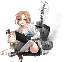 Rule 34 | 1girl, akigumo (kancolle), blouse, bra, brown hair, drawing tablet, fujikawa, full body, green eyes, grey skirt, grin, hair down, hair ribbon, holding, holding drawing tablet, kantai collection, long hair, long sleeves, machinery, mole, mole under eye, official art, one eye closed, panties, pleated skirt, ribbon, school uniform, shirt, skirt, smile, solo, stylus, tablet pc, thighhighs, torn clothes, torn shirt, torn skirt, transparent background, turret, underwear, vest