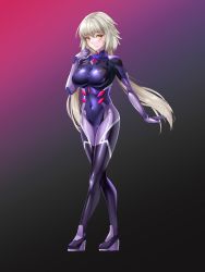 Rule 34 | 1girl, bodysuit, breasts, dark persona, fate/grand order, fate (series), highres, jeanne d&#039;arc (fate), jeanne d&#039;arc alter (avenger) (fate), jeanne d&#039;arc alter (fate), large breasts, looking at viewer, matrix16, plugsuit, silver hair, skin tight, solo, tsurime, yellow eyes