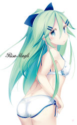 Rule 34 | 1girl, :o, absurdres, blue eyes, blush, bow, bra, breasts, floral print, green hair, hair between eyes, hair bow, hair ornament, hairclip, highres, iyama nami, kantai collection, long hair, open mouth, panties, ponytail, simple background, small breasts, solo, underwear, white background, white bra, white panties, yamakaze (kancolle)