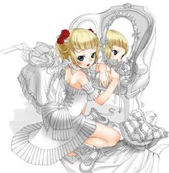 Rule 34 | 1girl, back, blonde hair, blue eyes, clothes, clothes on floor, dress, flower, inuburo, jpeg artifacts, looking back, mirror, rose, shoes, short hair, solo, white dress