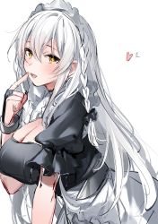Rule 34 | 1girl, azur lane, braid, breasts, cleavage, hair between eyes, heart, hermione (azur lane), highres, large breasts, long hair, looking at viewer, maid, maid headdress, open mouth, short sleeves, simple background, solo, standing, upper body, white background, white hair, xretakex, yellow eyes