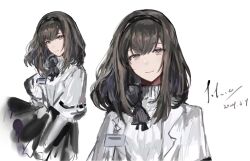 Rule 34 | 1girl, absurdres, arknights, black hairband, brown hair, capelet, chinese commentary, closed mouth, commentary request, dated, grey eyes, hairband, highres, light smile, long hair, multiple views, priestess (arknights), shirt, signature, simple background, solace retail, turtleneck, turtleneck shirt, unfinished, white background, white capelet, white shirt