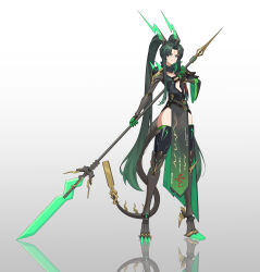 1girl absurdres aqua_eyes bare_hips breasts center_opening chinese_clothes cleavage_cutout clothing_cutout cyborg digitigrade dragon_horns dragon_tail eyeshadow fake_horns fake_tail green_hair highres holding holding_polearm holding_weapon horns joints long_hair makeup mecha mecha_musume mechanical_arms mechanical_legs original pelvic_curtain polearm red_eyeshadow robot robot_joints science_fiction seiryuu silkpunk small_breasts standing stupid_goose_man tachi-e tail thick_thighs thighs tsurime twintails very_long_hair weapon