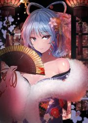 Rule 34 | 1girl, alternate costume, bare shoulders, blue eyes, blue hair, commentary request, drill hair, drill sidelocks, feather boa, floral print, folding fan, hair ornament, hair rings, hair stick, hand fan, hand up, holding, holding fan, kaku seiga, looking at viewer, off shoulder, short hair, sidelocks, smile, solo, touhou, upper body, y2