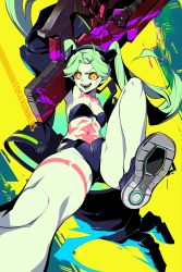 Rule 34 | 1girl, absurdres, armpits, artificial eye, ass, blue bra, blue footwear, blue panties, bra, breasts, colored sclera, cyberpunk (series), cyberpunk edgerunners, fang, fewer digits, from below, green hair, highres, holding, holding weapon, huge weapon, jacket, leg tattoo, long hair, mechanical eye, mechanical hands, neck tattoo, open clothes, open jacket, open mouth, oversized forearms, oversized limbs, panties, patipat asavasena, petite, rebecca (cyberpunk), red eyes, red sclera, samurai jacket (cyberpunk), shoes, simple background, small breasts, smile, solo, stomach tattoo, tattoo, teeth, twintails, underwear, unzipped, very long hair, weapon, wide hips