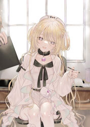 Rule 34 | 1girl, 1other, absurdres, belt, black choker, black nails, black ribbon, blonde hair, blush, brooch, chair, choker, coat, collarbone, desk, fur choker, hair rings, hat, highres, holding, holding pen, indoors, jewelry, long hair, long sleeves, looking at viewer, msa (fary white), neck ribbon, nurse, nurse cap, open clothes, open coat, open mouth, original, out of frame, pen, purple eyes, ribbon, shirt, shorts, sitting, slit pupils, smile, solo focus, thigh strap, thighhighs, very long hair, white coat, white headwear, white shirt, white shorts, white thighhighs, wind