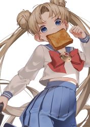 Rule 34 | 1girl, bad id, bad twitter id, bishoujo senshi sailor moon, blue eyes, blue sailor collar, blue skirt, blush, bow, bowtie, bread slice, brown hair, clenched hand, cowboy shot, double bun, earrings, female focus, food, food in mouth, hair bun, highres, holding, jewelry, long hair, long sleeves, looking at viewer, midriff peek, mouth hold, parted bangs, pleated skirt, red bow, red bowtie, ryota (ry o ta), sailor collar, school uniform, serafuku, shirt, signature, simple background, skirt, solo, stud earrings, sweat, toast, toast in mouth, tsukino usagi, twintails, v-shaped eyebrows, very long hair, white background, white shirt
