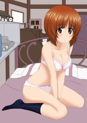 Rule 34 | 1girl, bad id, bad pixiv id, bed, black footwear, blush, book, bookshelf, bra, breasts, brown eyes, brown hair, cleavage, closed mouth, collarbone, eyebrows, flatfield, girls und panzer, highres, large breasts, looking at viewer, looking to the side, nishizumi miho, on bed, panties, short hair, sitting, smile, socks, solo, toy, toy tank, underwear, underwear only, white bra, white panties