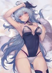 Rule 34 | 1girl, ahoge, armpits, bare shoulders, bell, bikini, blue hair, breasts, commentary request, cowboy shot, detached collar, ganyu (genshin impact), genshin impact, gloves, gluteal fold, hair between eyes, horns, large breasts, leotard, long hair, looking at viewer, lying, neck bell, on back, oukawa yuu, parted lips, sleeveless, solo, strapless, strapless leotard, swimsuit, teeth, thighhighs