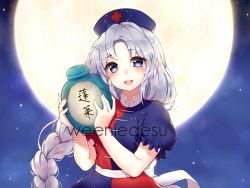 Rule 34 | 1girl, artist name, blue dress, blue eyes, blue hat, blush, braid, commentary, commission, constellation print, cross, dress, english commentary, full moon, grey hair, hat, highres, hourai elixir, long hair, looking at viewer, moon, night, night sky, open mouth, parted bangs, puffy short sleeves, puffy sleeves, red cross, red dress, ribbon, round teeth, sash, short sleeves, single braid, sky, solo, storage pot, teeth, touhou, two-tone dress, upper body, upper teeth only, very long hair, watermark, weeniedesu, white ribbon, white sash, yagokoro eirin