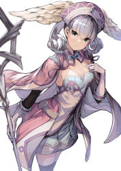 Rule 34 | 1girl, black thighhighs, breasts, breasts apart, cape, cowboy shot, detached sleeves, dress, gloves, hair between eyes, head wings, highres, koruse, melia antiqua, nintendo, silver hair, simple background, smile, solo, staff, strapless, strapless dress, thighhighs, white background, white gloves, wings, xenoblade chronicles (series), xenoblade chronicles 1