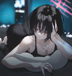 Rule 34 | 1girl, ass, barefoot, black hair, black pants, blue archive, blurry, blurry background, breasts, cleavage, closed mouth, collarbone, fingernails, hair over eyes, halo, hand on own head, indoors, kangshi, large breasts, misaki (blue archive), one eye closed, pants, pillow, red eyes, red halo, short hair, solo