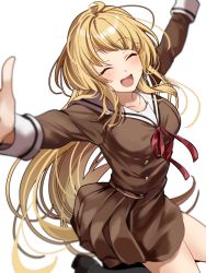 Rule 34 | 1girl, :d, ^ ^, arms up, bad id, bad pixiv id, bang dream!, black footwear, black socks, blonde hair, blurry, blurry foreground, blush, breasts, brown dress, buttons, closed eyes, collarbone, depth of field, dress, facing viewer, foot out of frame, hanasakigawa school uniform, jumping, long hair, long sleeves, medium breasts, neck ribbon, open mouth, outstretched arms, pleated dress, red ribbon, ribbon, roko (pe0e07), sailor collar, sailor dress, school uniform, serafuku, shoes, sidelocks, simple background, smile, socks, solo, tsurumaki kokoro, very long hair, white background, white sailor collar