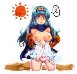 Rule 34 | 1girl, @ @, blue eyes, blue hair, blush, breasts, cape, chunsoft, circlet, dissolving clothes, dragon quest, dragon quest iii, elbow gloves, enix, gloves, long hair, nipples, non-web source, open mouth, panties, sage (dq3), solo, surprised, underwear, wardrobe malfunction, water, wet, wet clothes, wet panties