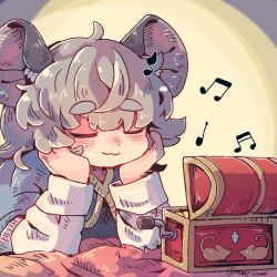 Rule 34 | 1girl, ahoge, animal ear fluff, animal ears, bed, blue capelet, capelet, closed eyes, closed mouth, commentary request, grey hair, grey vest, hands on own cheeks, hands on own face, indoors, listening to music, long sleeves, loose hair strand, mame komari, mouse ears, mouse girl, mouse print, music box, musical note, nazrin, shirt, smile, solo, touhou, treasure chest, twitter username, upper body, vest, white shirt, white sleeves