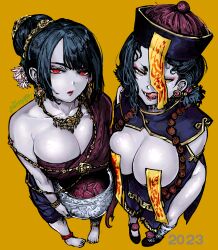 Rule 34 | 2girls, absurdres, anuttsuii, asymmetrical clothes, black hair, breasts, charm (object), cleavage, colored skin, condom box, costume, earrings, fangs, ghost, grey skin, hair bun, halloween, highres, jewelry, jiangshi, large breasts, licking lips, looking at viewer, multiple girls, necklace, ofuda, ofuda on nipples, original, pale skin, pasties, red eyes, side slit, single bare shoulder, talisman, tongue, tongue out, undead, white skin, yellow eyes