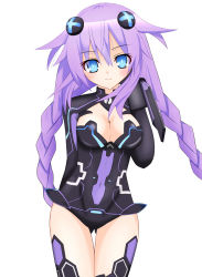 Rule 34 | 10s, 1girl, adjusting hair, arm behind back, blue eyes, blush, braid, breasts, cleavage, cleavage cutout, clothing cutout, covered navel, cowboy shot, female focus, gloves, hair ornament, highres, leotard, light smile, long hair, long sleeves, looking at viewer, navel, neptune (neptunia), neptune (series), purple hair, purple heart (neptunia), see-through, sidelocks, simple background, smile, solo, standing, symbol-shaped pupils, tamaki (tamaki pic), thigh gap, thighhighs, turtleneck, twin braids, vambraces, very long hair, white background