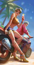 Rule 34 | 2girls, absurdres, adapted costume, apex legends, beach, brown footwear, brown hair, chinese commentary, cropped shirt, cup, drinking straw, food, fruit, grey hair, high heels, highres, holding, holding cup, iced tea, jacket, lemon, lemon slice, light particles, loba (apex legends), looking at viewer, motor vehicle, motorcycle, mu wen jie, multiple girls, nessie (respawn), ocean, orange shirt, outdoors, palm tree, parted lips, pouch, purple skirt, red jacket, shirt, short hair, sitting, skirt, sky, sleeveless, sleeveless shirt, thigh pouch, tree, trouble in paradise loba, valkyrie (apex legends)