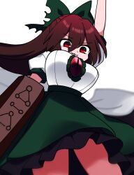 Rule 34 | 1girl, :3, absurdres, arm cannon, bird wings, bow, breasts, brown hair, control rod, green bow, green skirt, hair bow, highres, large breasts, long hair, red eyes, reiuji utsuho, simple background, skirt, solo, third eye, touhou, weapon, white background, wings, you (noanoamoemoe)