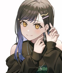 Rule 34 | 1girl, absurdres, bare shoulders, black hair, blue hair, blush, closed mouth, earrings, gradient hair, hair ornament, hairclip, hands up, highres, jacket, jewelry, lex suri12, long hair, long sleeves, looking at viewer, multicolored hair, orange eyes, project sekai, shiraishi an, shirt, simple background, smile, solo, star (symbol), star hair ornament, upper body, white background
