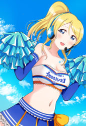 Rule 34 | 1girl, :d, absurdres, ayase eli, blonde hair, blue eyes, blue hairband, blue skirt, blue sky, blue sleeves, blush, bow, breasts, cheerleader, cleavage, cloud, collarbone, copyright name, detached sleeves, dutch angle, hairband, headphones, headset, high ponytail, highres, long hair, long sleeves, looking at viewer, love live!, love live! school idol festival, love live! school idol project, medium breasts, microphone, midriff, miniskirt, navel, open mouth, pleated skirt, pom pom (cheerleading), skirt, sky, smile, solo, standing, stomach, strapless, takaramonozu, wewe, yellow bow