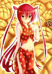 Rule 34 | 1girl, alastor (shakugan no shana), bare shoulders, blush, bread, breasts, chinese clothes, clenched hands, closed mouth, collarbone, crop top, embarrassed, food, highres, long hair, looking at viewer, melon bread, midriff, navel, red eyes, red hair, shakugan no shana, shana, solo, standing, stomach, very long hair, yui hiroshi