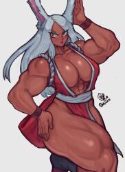 Rule 34 | 1girl, abs, absurdres, animal ear fluff, animal ears, bare shoulders, biceps, boku no hero academia, breasts, center opening, collarbone, cosplay, dark-skinned female, dark skin, eyes visible through hair, fatal fury, gabriel ales, hand on own hip, highres, large breasts, leg up, long hair, looking away, mirko, muscular, muscular female, rabbit ears, rabbit girl, red eyes, shiranui mai, shiranui mai (cosplay), signature, sleeveless, snk, the king of fighters, thick thighs, thighs, v-shaped eyebrows, watermark, white background, white hair