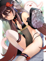 Rule 34 | 1girl, absurdres, bare shoulders, black dress, black hat, blush, breasts, brown hair, covered navel, detached sleeves, dress, flower, genshin impact, ghost, hat, hat flower, highres, hu tao (genshin impact), knee up, licking lips, long hair, looking at viewer, pelvic curtain, plum blossoms, red eyes, seiru (prairie), sitting, sleeves past fingers, sleeves past wrists, small breasts, smile, solo, symbol-shaped pupils, thighhighs, thighs, tongue, tongue out, twintails, very long hair, white thighhighs