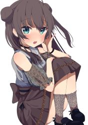 Rule 34 | 1girl, absurdres, ahoge, black footwear, blue eyes, blush, bow, brown hair, brown skirt, brown socks, clothing cutout, collared shirt, commentary request, double bun, grey shirt, hair between eyes, hair bun, highres, hololive, loafers, long hair, looking at viewer, natsuiro matsuri, natsuiro matsuri (casual), okota mikan, open mouth, puffy short sleeves, puffy sleeves, see-through, see-through sleeves, shirt, shoes, short sleeves, shoulder cutout, simple background, skirt, socks, solo, squatting, teeth, two side up, upper teeth only, very long hair, virtual youtuber, water, white background