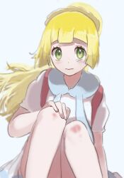 Rule 34 | 1girl, backpack, bag, blonde hair, closed mouth, creatures (company), eyelashes, game freak, green eyes, hand on own knee, highres, lillie (pokemon), long hair, looking at viewer, nintendo, pokemon, pokemon sm, ponytail, red bag, ringosan2329, shirt, short sleeves, tears, white background, white shirt