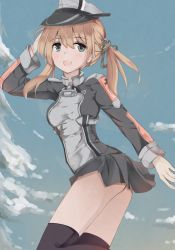 Rule 34 | 10s, 1girl, :d, anchor hair ornament, black skirt, black thighhighs, blonde hair, blue eyes, blue sky, day, gloves, hair ornament, hand on own head, hat, highres, kantai collection, looking at viewer, microskirt, military, military hat, military uniform, open mouth, peaked cap, pleated skirt, prinz eugen (kancolle), shirotaso0818, skirt, sky, smile, solo, thighhighs, uniform, white gloves