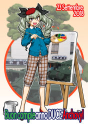 Rule 34 | 1girl, :d, anchovy (girls und panzer), anzio (emblem), beret, black ribbon, blue cardigan, brown eyes, brown pants, canvas (object), capri pants, cardigan, carro armato p40, casual, character name, collared shirt, commentary request, dated, drill hair, easel, emblem, flats, girls und panzer, green hair, hair ribbon, happy birthday, hat, holding, holding paintbrush, italian text, long hair, long sleeves, looking at viewer, military, military vehicle, motor vehicle, ooarai (ibaraki), oosaka kanagawa, open mouth, paintbrush, painting (action), palette (object), pants, plaid, plaid pants, red footwear, red hat, ribbon, shirt, signature, smile, solo, standing, tank, tilted headwear, translated, twin drills, twintails, white shirt