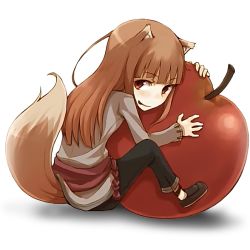 Rule 34 | 00s, 1girl, animal ears, apple, ayakura juu, brown hair, craft lawrence, food, fruit, full body, holo, icon (computing), long hair, mozilla firefox, red eyes, solo, spice and wolf, tail, transparent background, wolf ears, wolf tail