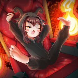 Rule 34 | 1girl, arms up, barefoot, black nails, blush stickers, brown hair, child, cosplay, demon horns, fang, feet, female focus, fire, frostyneko, full body, highres, horns, kigurumi, legs up, long sleeves, nail polish, one eye closed, open mouth, orange hair, original, short hair, sitting, soles, solo, throne, toes, yawning, zipper, zipper pull tab