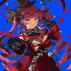 Rule 34 | 1girl, absurdres, black gloves, breasts, eyepatch, flower, gloves, haru yu, heterochromia, highres, hololive, houshou marine, large breasts, open mouth, pocket watch, red eyes, red flower, red rose, rose, twintails, virtual youtuber, watch, yellow eyes