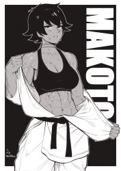 Rule 34 | 1girl, absurdres, breasts, capcom, choker, cleavage, female focus, gi, highres, large breasts, looking at viewer, makoto (street fighter), monochrome, muscular, muscular female, navel, short hair, solo, speedl00ver, sports bra, street fighter, sweat, undressing, veins, veiny arms