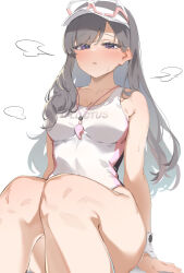 Rule 34 | 1girl, arm support, blush, breasts, competition swimsuit, feet out of frame, grey hair, highres, idolmaster, idolmaster shiny colors, karan, knees together feet apart, knees up, long hair, looking at viewer, medium breasts, one-piece swimsuit, purple eyes, simple background, sitting, solo, sweat, swimsuit, very long hair, visor cap, whistle, whistle around neck, white background, yukoku kiriko