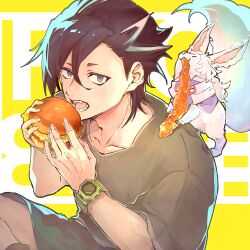 Rule 34 | 1boy, animal, animal on back, black hair, black shorts, burger, collarbone, fate/grand order, fate (series), food, food in mouth, fou (fate), from above, grey eyes, grey shirt, hair between eyes, holding, holding food, imminent bite, indian style, male focus, mandricardo (fate), multicolored hair, shirt, short hair, short sleeves, shorts, sitting, streaked hair, teeth, tumikilondon5, watch, wristwatch, yellow background