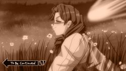 Rule 34 | 1girl, brown hair, closed eyes, closed mouth, english text, flower, from side, frown, glasses, grass, highres, light blush, long sleeves, low twintails, meadow, plaid, plaid vest, puffy long sleeves, puffy sleeves, sepia, shirt, short hair, smile, solo, step arts, to be continued, touhou, twintails, upper body, usami sumireko, vest, white shirt