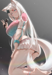 Rule 34 | 1girl, animal ear fluff, animal ears, anklet, barefoot, black panties, blush, breasts, can zhu, closed mouth, d-pad, d-pad hair ornament, embarrassed, fox ears, fox girl, fox tail, from side, hair between eyes, hair ornament, hand on own thigh, highres, indie virtual youtuber, jewelry, kneeling, large breasts, long hair, looking at viewer, looking back, microphone, microskirt, midriff, mizuki (vtuber), panties, pantyshot, pink shirt, pleated skirt, see-through, shirt, skirt, smile, soles, solo, swept bangs, tail, thighs, tied shirt, underwear, v, very long hair, virtual youtuber, white skirt