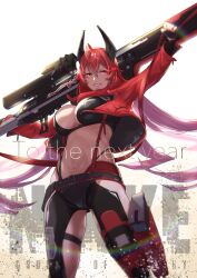 Rule 34 | 1girl, absurdres, antenna hair, anti-materiel rifle, arms up, belt, black belt, black gloves, black jacket, black pants, breasts, bullpup, cleavage, commentary request, cowboy shot, cropped jacket, crotch plate, english text, fingerless gloves, fune (fune93ojj), gloves, glowing, glowing eyes, goddess of victory: nikke, gun, hair between eyes, highres, hip vent, holding, holding gun, holding weapon, holster, horns, jacket, large breasts, leather, leather jacket, leather pants, logo, long hair, long sleeves, looking to the side, magazine (weapon), mechanical horns, navel, open clothes, open jacket, over shoulder, pants, parted lips, red hair, red hood (nikke), red jacket, red scarf, rifle, scarf, sidelocks, skindentation, smile, sniper rifle, solo, standing, stomach, suspenders, thigh holster, unzipped, weapon, weapon over shoulder, yellow eyes