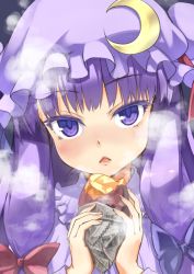 Rule 34 | 1girl, :&lt;, bad id, bad pixiv id, blush, crescent, food, hair ribbon, hat, highres, looking at viewer, mob cap, oborofu, open mouth, patchouli knowledge, purple eyes, purple hair, ribbon, solo, sweet potato, touhou, tress ribbon, upper body
