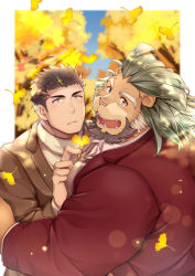 Rule 34 | 2boys, alternate costume, animal ears, arsalan (tokyo houkago summoners), autumn leaves, bara, beard, black hair, blouse, blush, brown eyes, brown jacket, couple, facial hair, fangs, furry, furry male, furry with non-furry, green hair, halo, highres, hug, interspecies, jacket, leaf, lion boy, lion ears, looking at viewer, male focus, mature male, multicolored hair, multiple boys, muscular, muscular male, pink shirt, red jacket, shirt, short hair, size difference, smile, stubble, sweater, tokyo houkago summoners, two-tone hair, wafu (youzora samo18), white sweater, winter clothes, yaoi, yellow eyes, zabaniyya (housamo)
